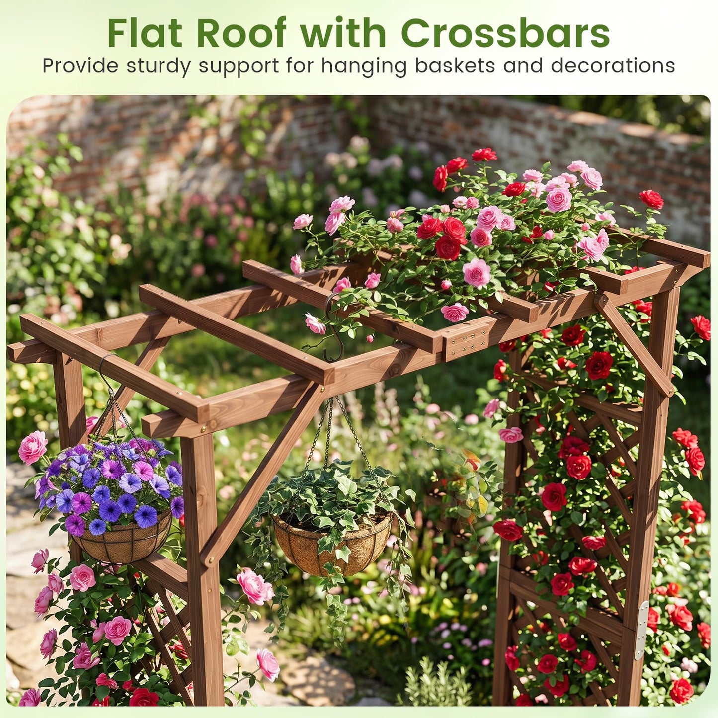 220cm Wooden Garden Arch with Planter Boxes & Hanging Roof