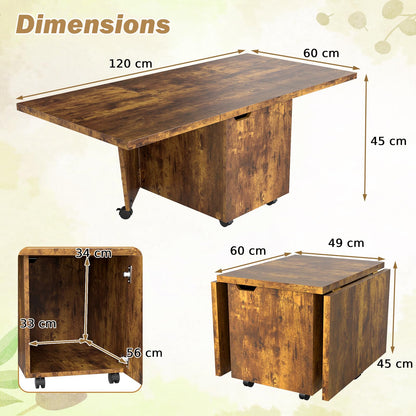 120cm Extendable and Foldable Coffee Table with Storage Cabinet and Wheels