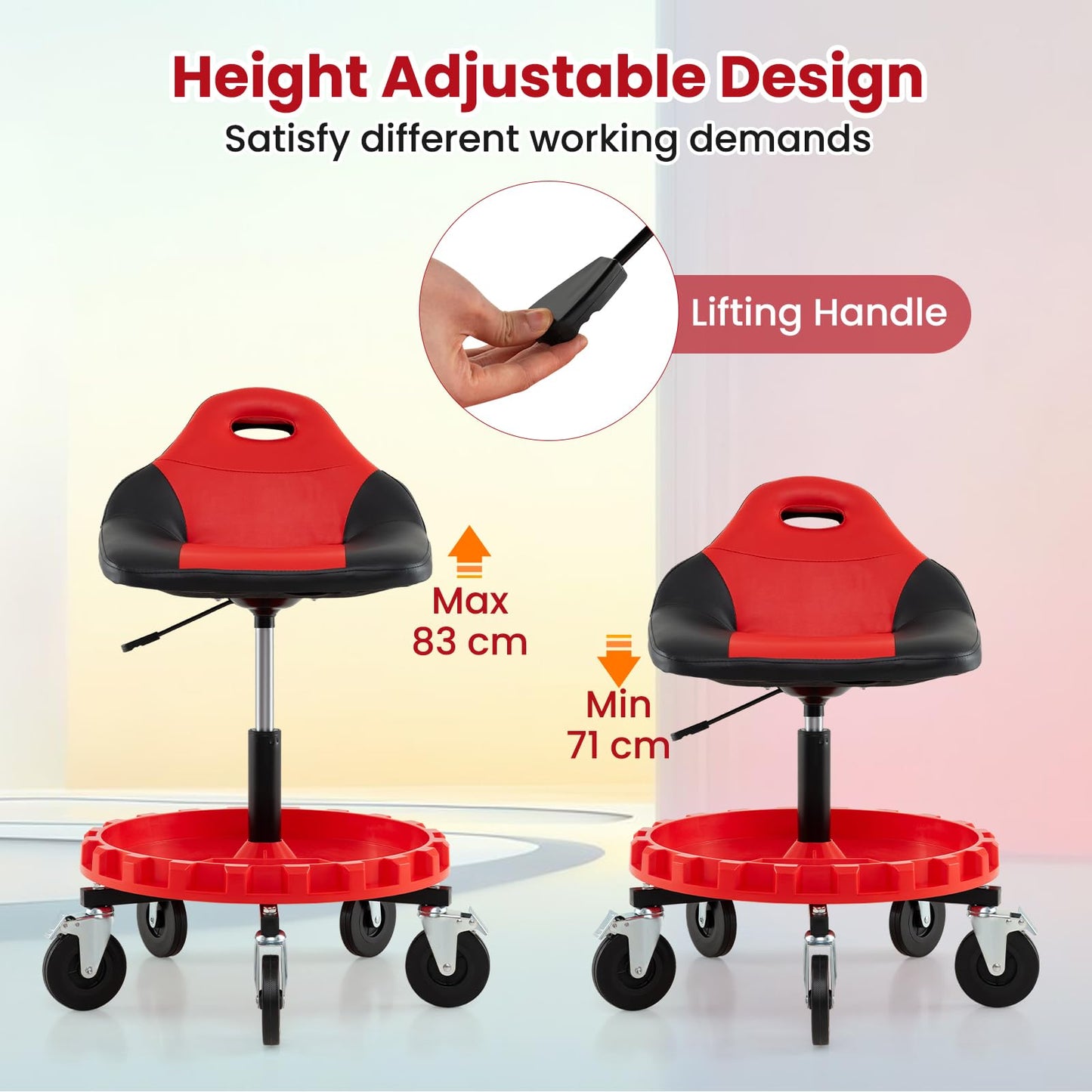 Mechanic Stool on Wheels with 71-83 cm Adjustable Height and Tool Tray Storage