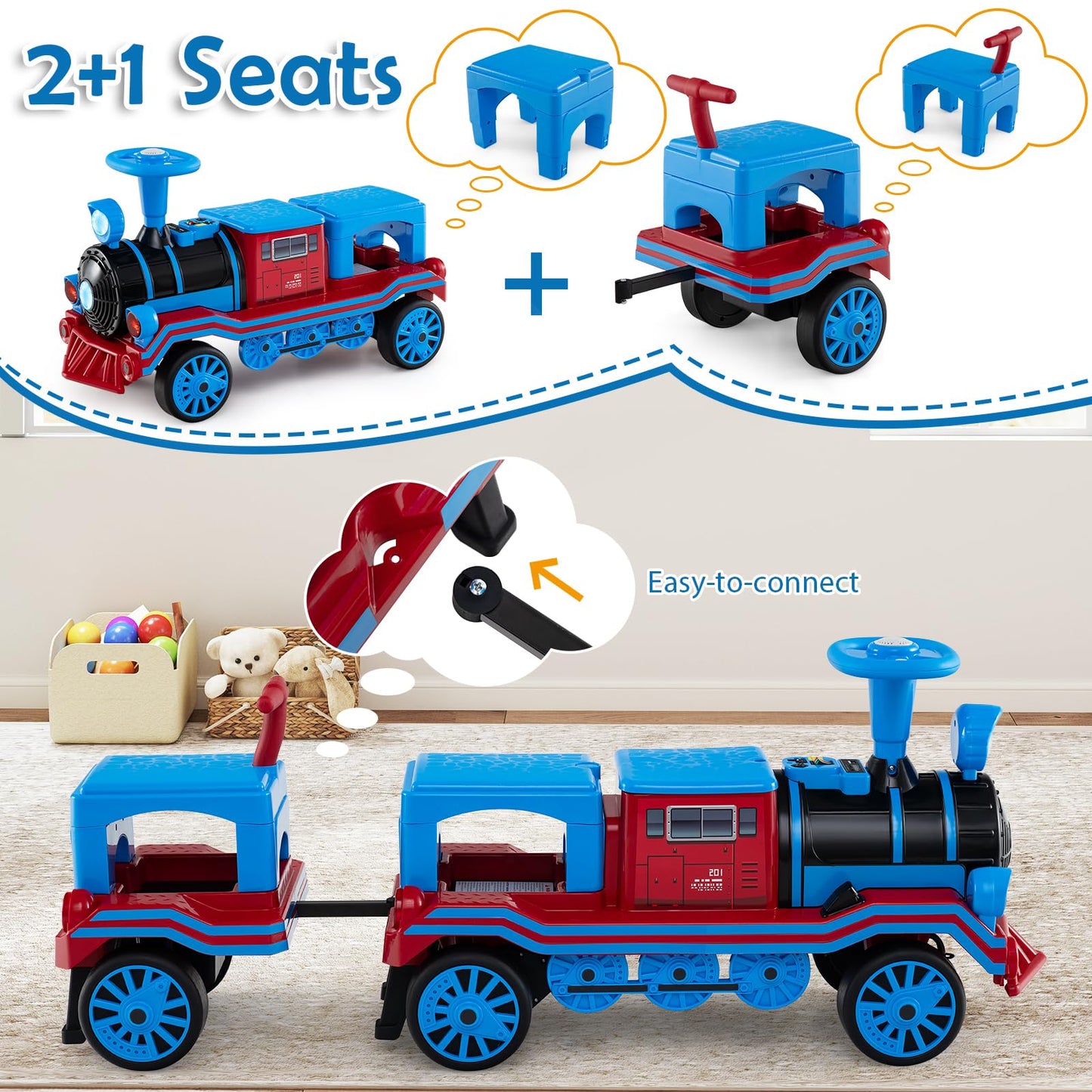 3-Seater Ride on Train Set Trackless with 2 Removable Chairs and Train Whistle