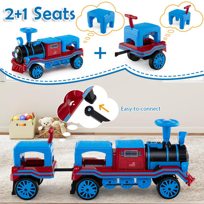 3-Seater Ride on Train Set Trackless with 2 Removable Chairs and Train Whistle