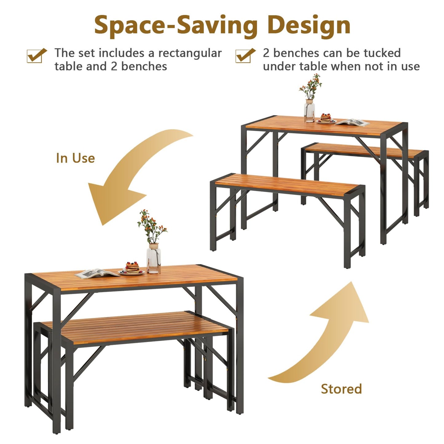 3 Pieces Patio Dining Set with Outdoor Picnic Table and 2 Benches for 4 People