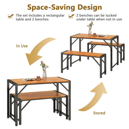 3 Pieces Patio Dining Set with Outdoor Picnic Table and 2 Benches for 4 People