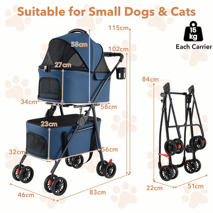 Double Pet Stroller, 4 Wheels Foldable Dog Pushchair Cat Buggy