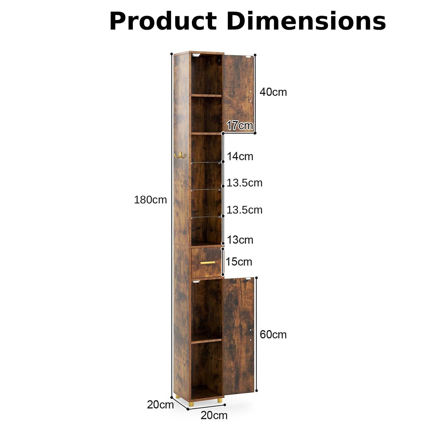 180 cm Tall Bathroom Cabinet Narrow Storage Organizer with 3 Doors and Adjustable Shelves