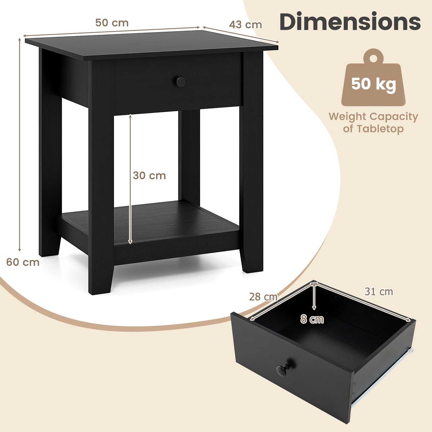 Wooden Nightstand End Sofa Side Table with Drawer and Open Shelf