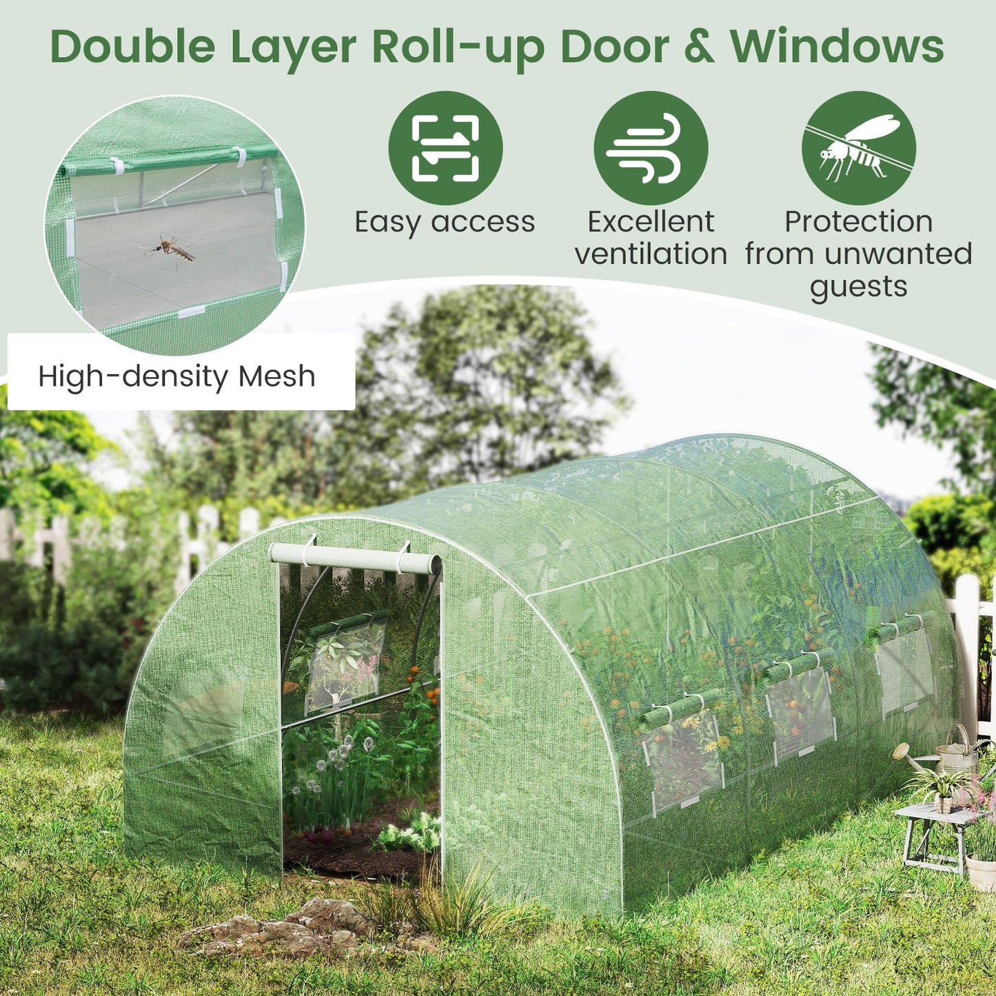 400 x 300 x 200 cm Outdoor Walk-in Tunnel Greenhouse 8 Roll-up Windows