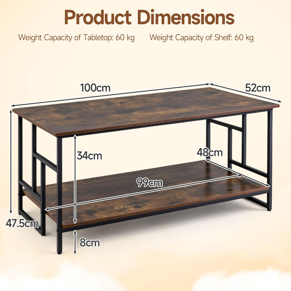 2-Tier Rectangle Coffee Table, Wooden Center Table