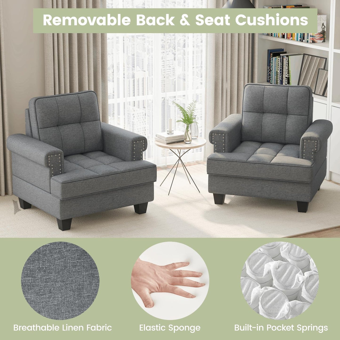 Mid-century Modern Accent Armchair Tufted Linen Club Chair with Extra Pillow