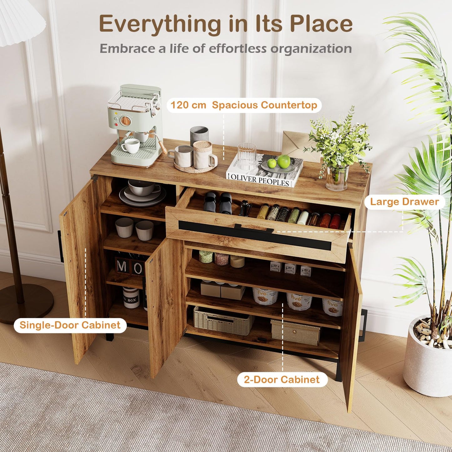 Storage Cabinet, Wooden Buffet Sideboard with Drawer, Doors, Removable Shelves