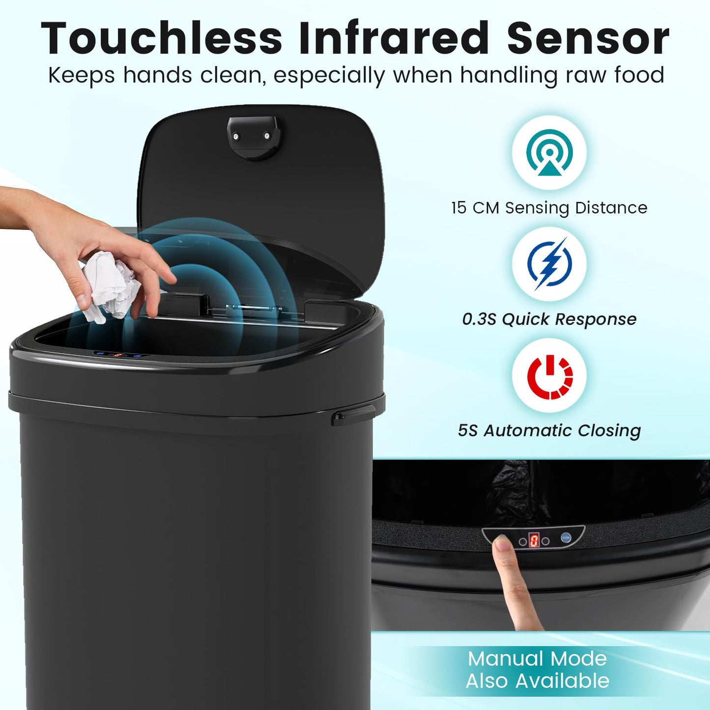 58L/68L Automatic Kitchen Bin, Dual-Zone Touchless Infrared Motion Sensor Waste Bin