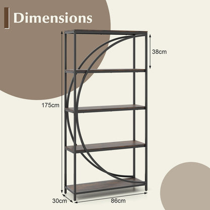 5-Tier Industrial Etagere Bookshelf with Open Storage Shelves and Arc-Shaped Design