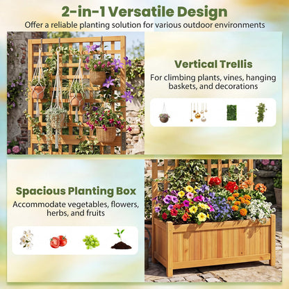 Raised Garden Bed with Trellis, Wooden Trough Planter