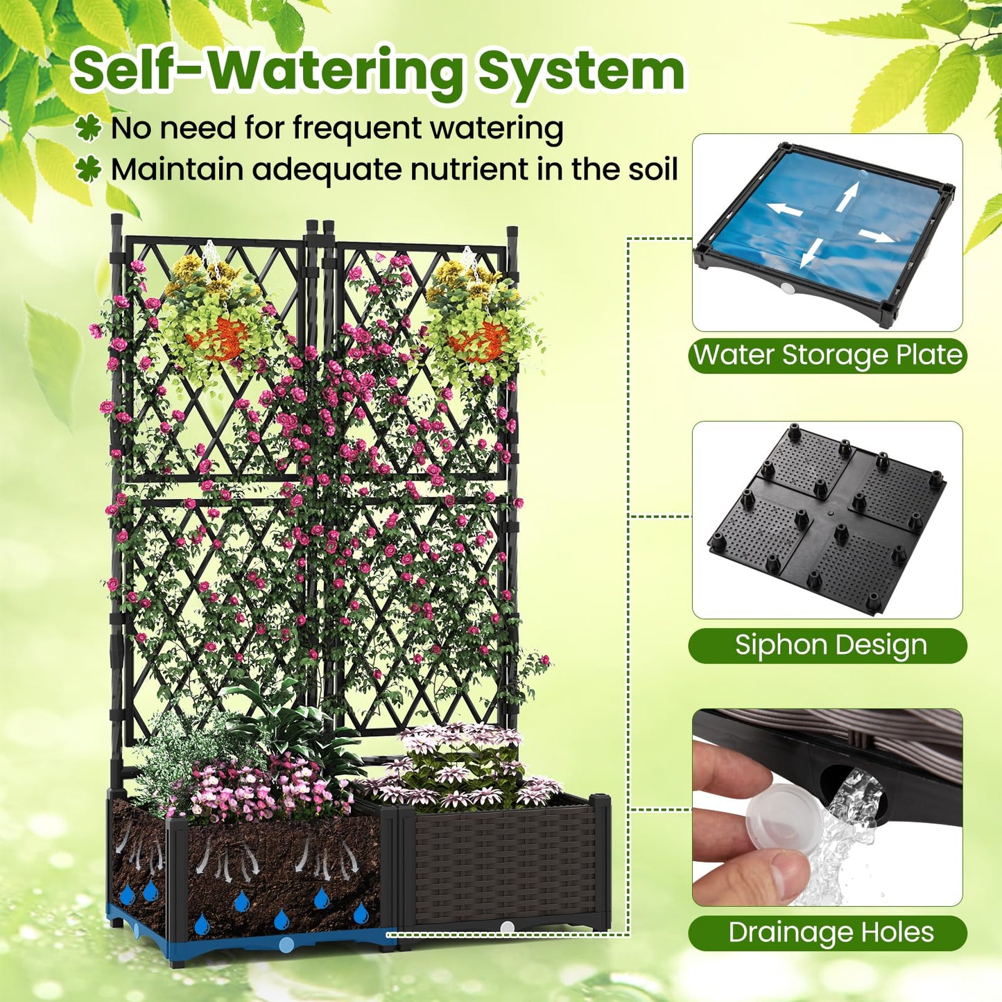 Garden Planter with Trellis with Self-Watering Device and Drainage Holes
