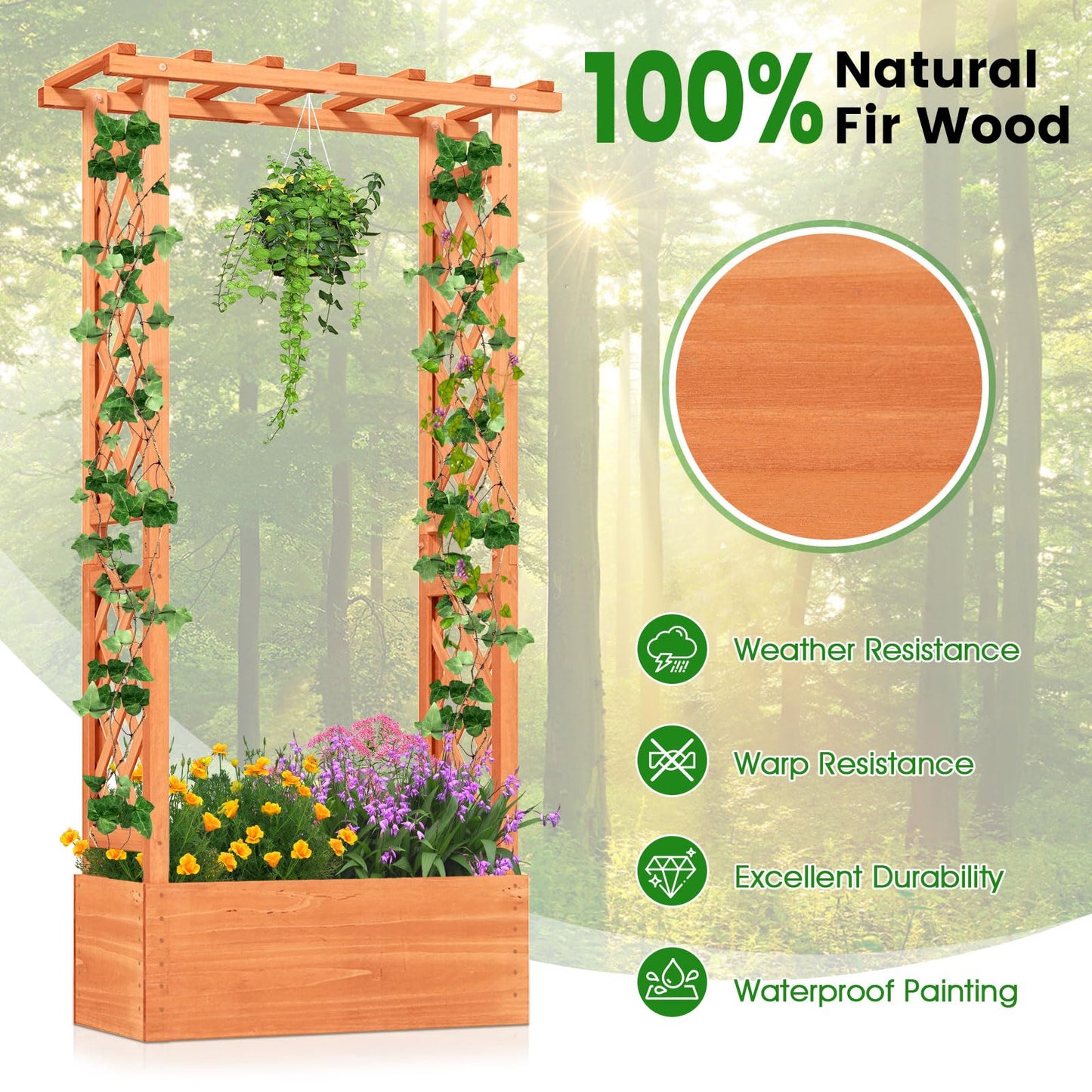 78x36x152cm Garden Planter with Trellis Hanging Roof and Drainage Holes