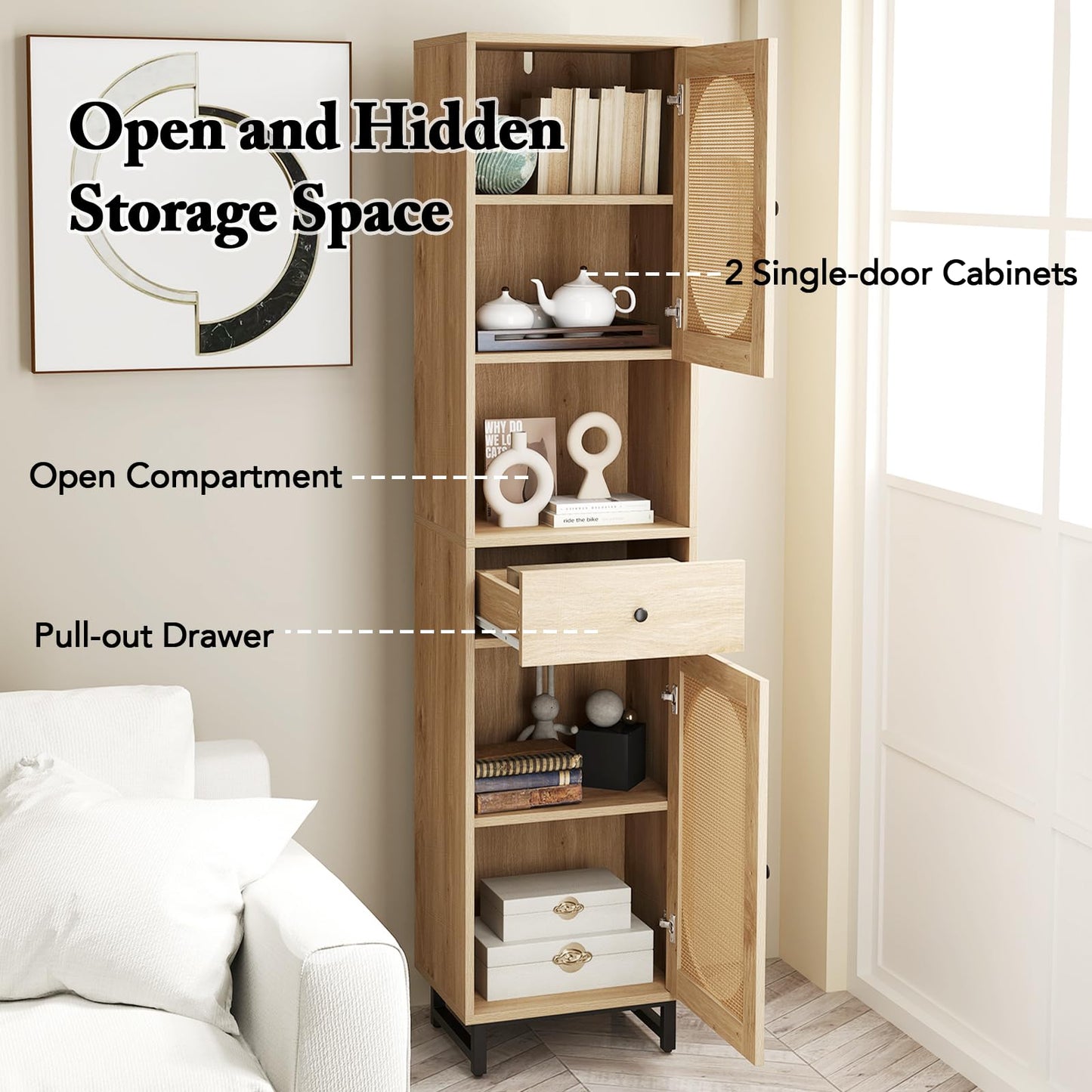 170cm Tall Bathroom Cabinet with 2 Doors and Open Compartment