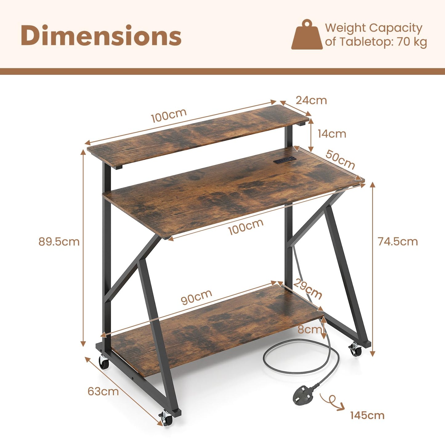Mobile Computer Desk with Power Outlets Monitor Stand and Storage Shelf