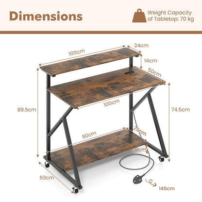 Mobile Computer Desk with Power Outlets Monitor Stand and Storage Shelf