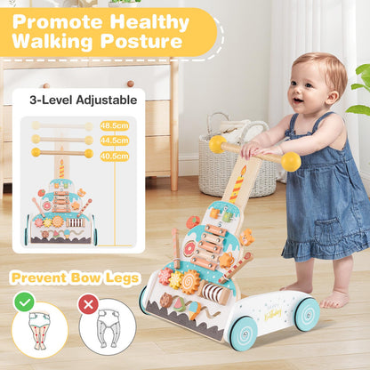 Height Adjustable Wooden Baby Walker with Activity Center
