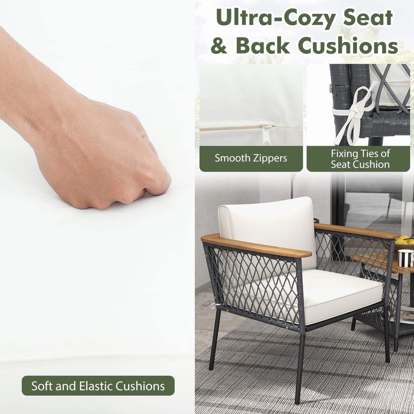 3 Piece Patio Furniture Set with Acacia Wood Armrests and Tabletop