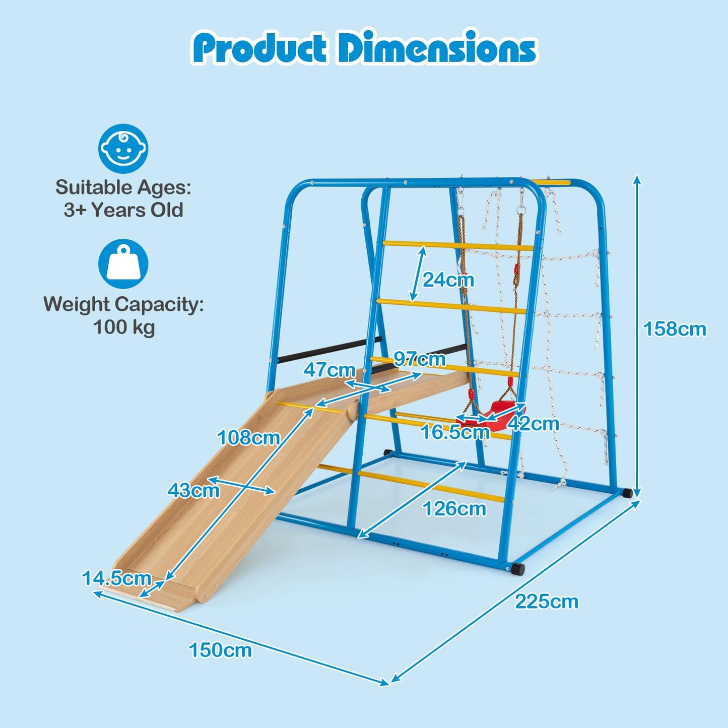 6-in-1 Indoor Jungle Gym Metal Climber with Slide and Monkey Bars