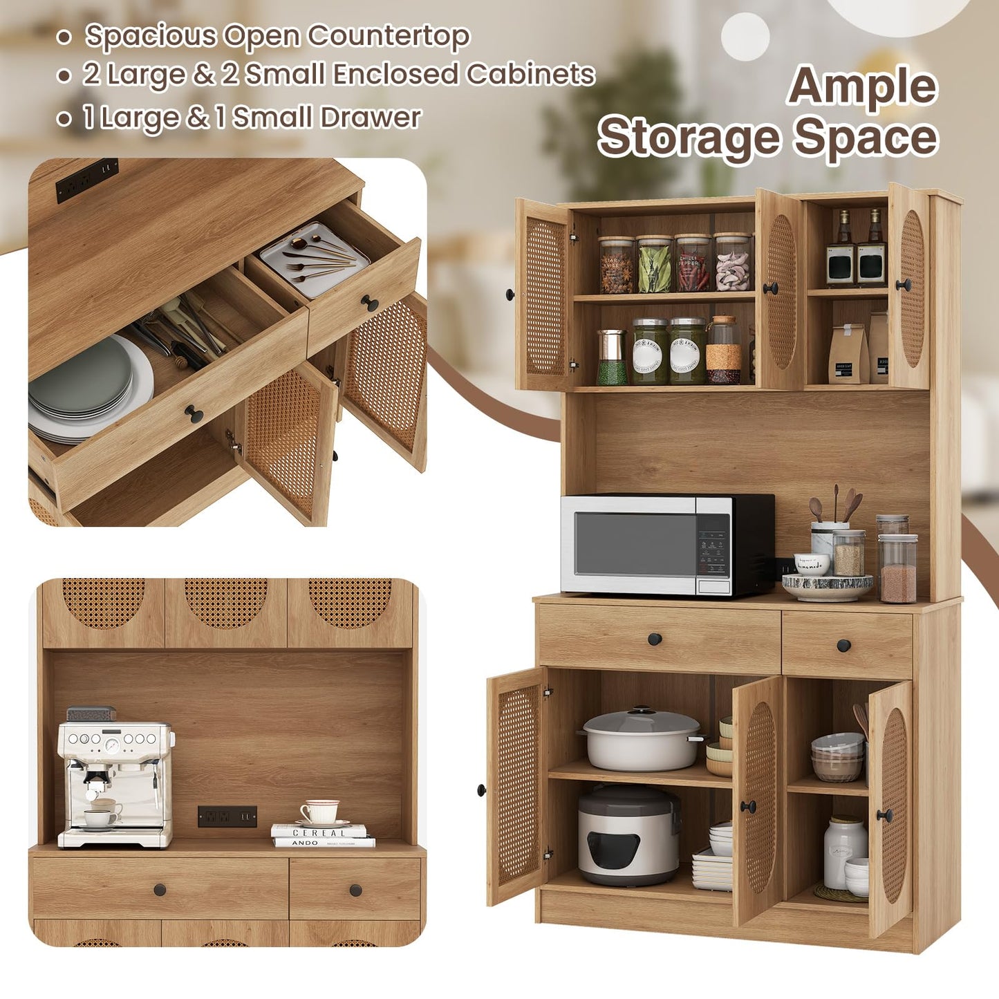 Kitchen Storage Cabinet with Charging Station and 6 Rattan Doors