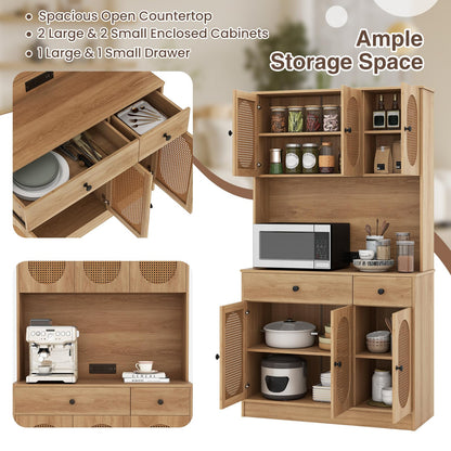 Kitchen Storage Cabinet with Charging Station and 6 Rattan Doors