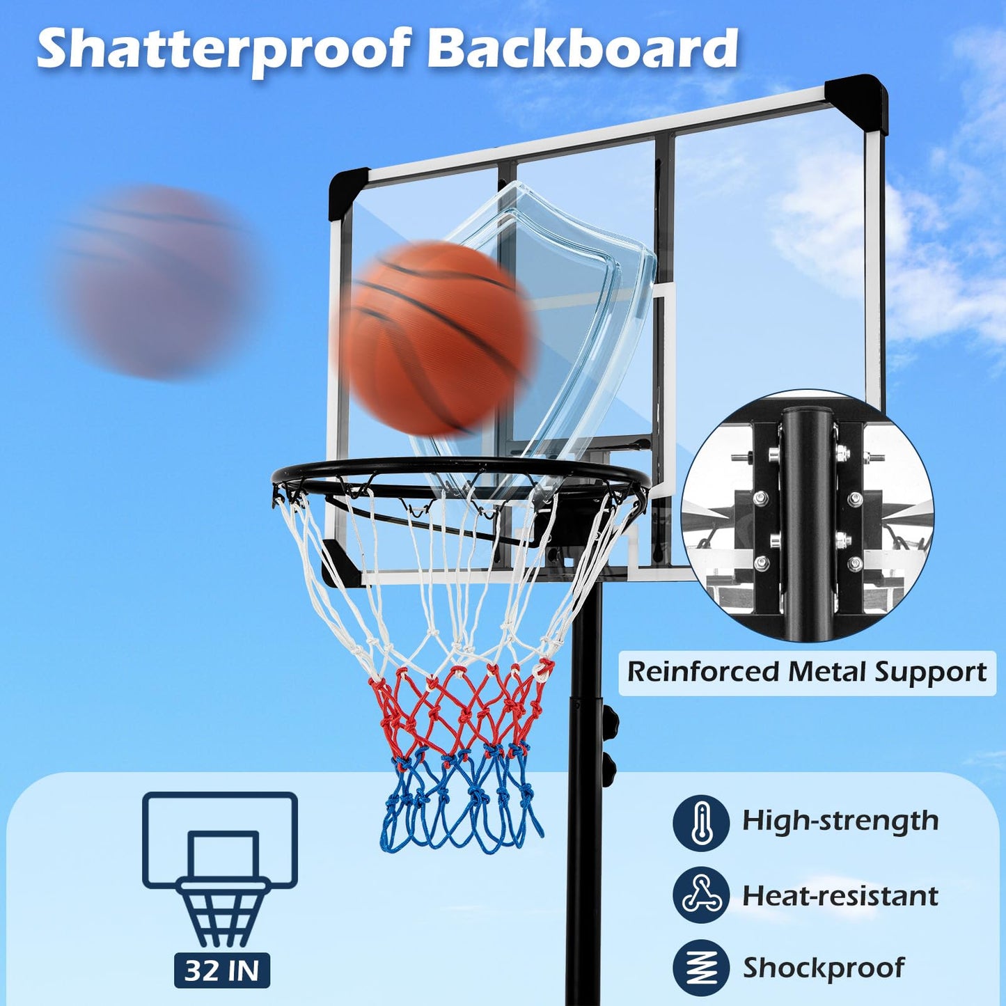 223-253 cm Portable Basketball Hoop with Front Wheels and Fillable Base