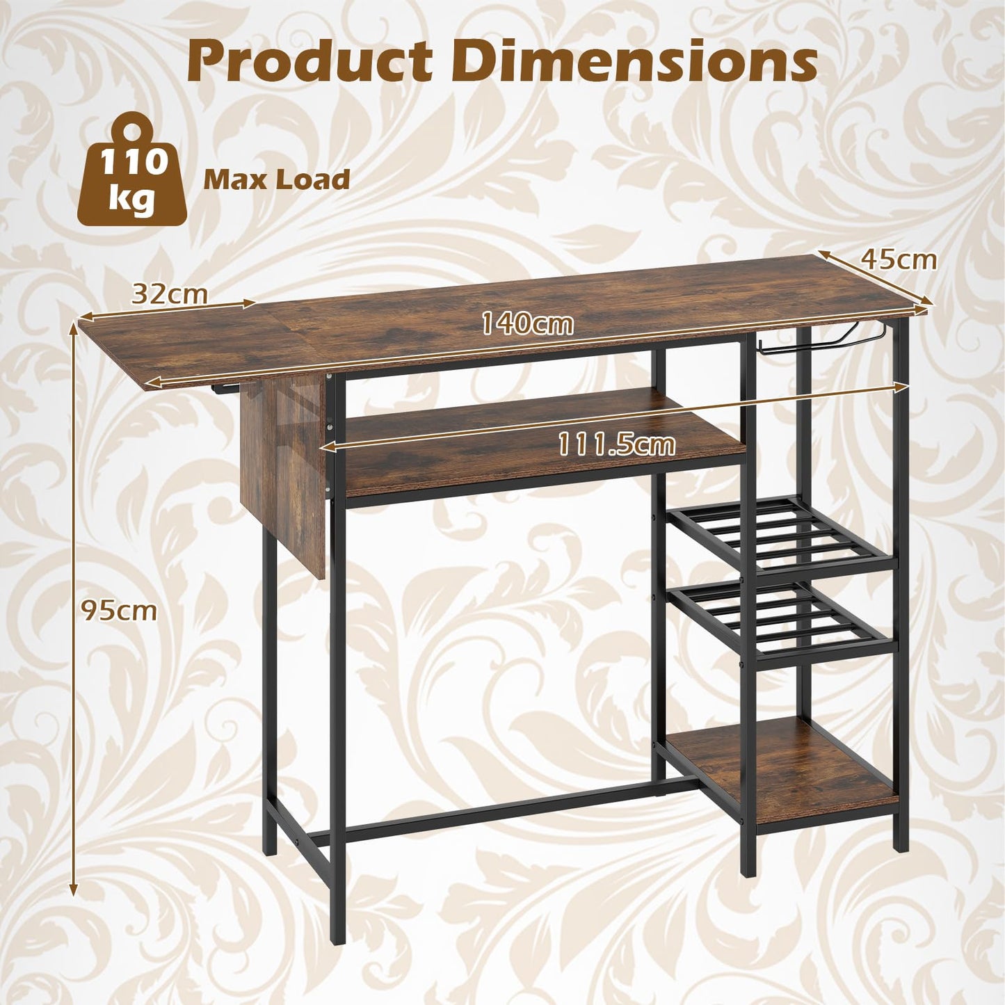Rectangular Bar Table with RGB LED Lights, Foldable Top & Remote