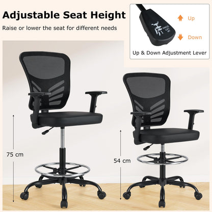 Height-adjustable Drafting Chair with Adjustable Armrests and Footrest Ring