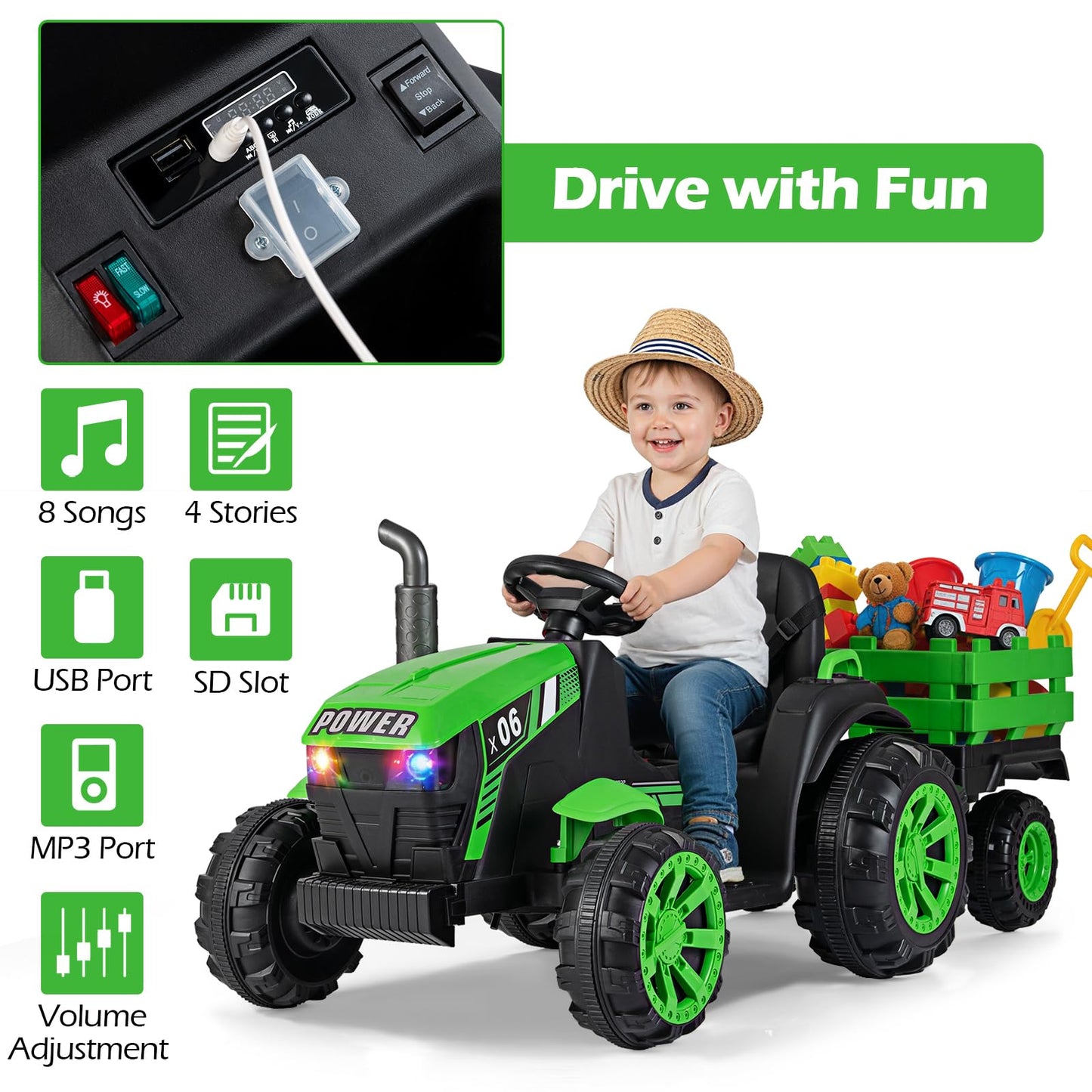 24V Ride On Tractor with RGB LED Headlights and Parent Remote Control