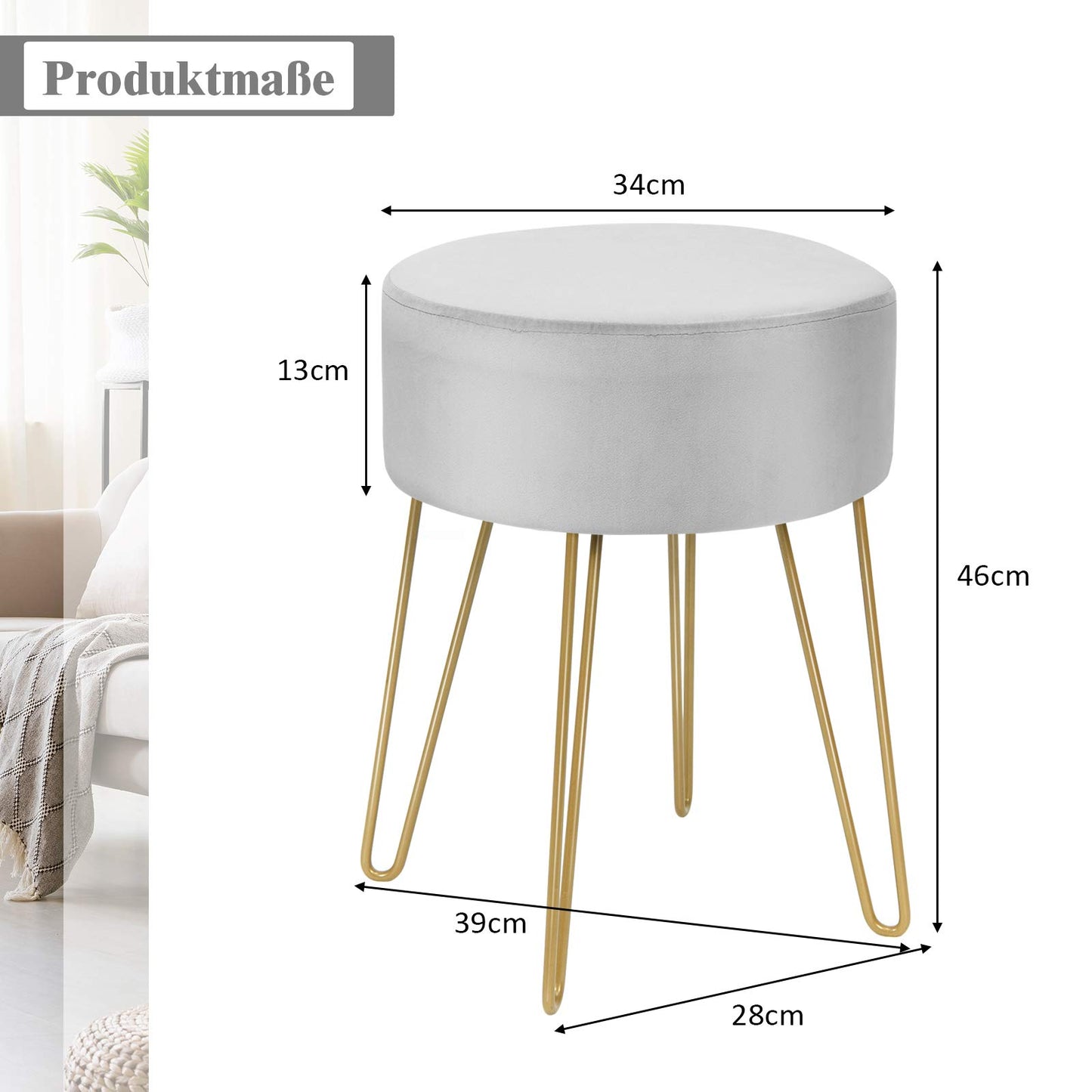 Round Velvet Stool with Hairpin Legs