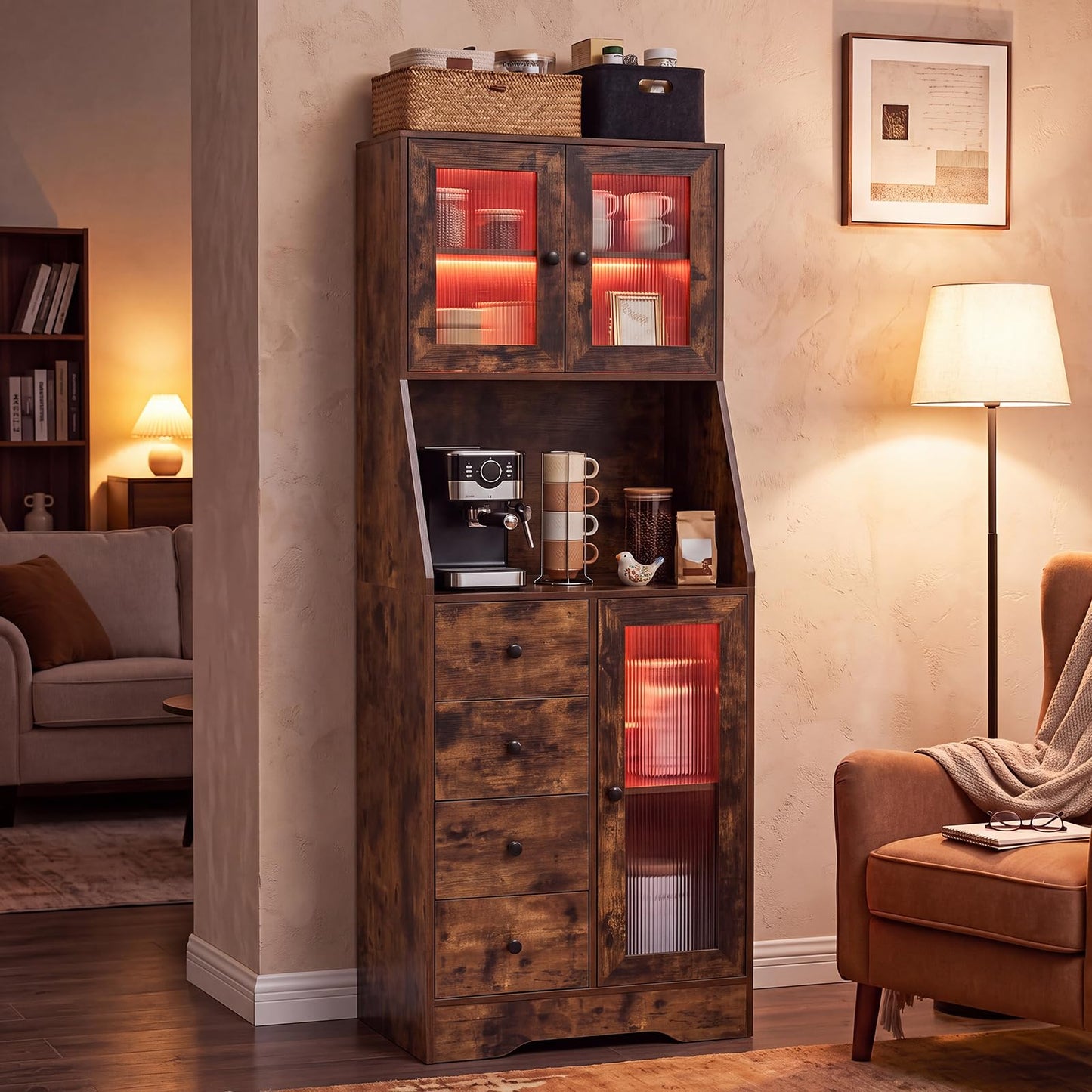Kitchen Pantry Cabinet with Adjustable LED Lights, 4 Drawers
