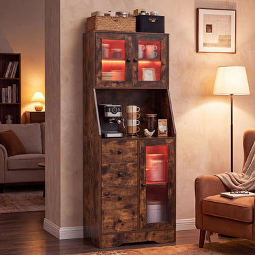 Kitchen Pantry Cabinet with Adjustable LED Lights, 4 Drawers