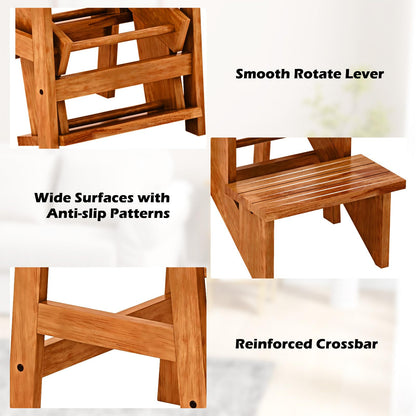 3 Tier Folding Step Stool Rubber Wood Ladder Chair with Handle