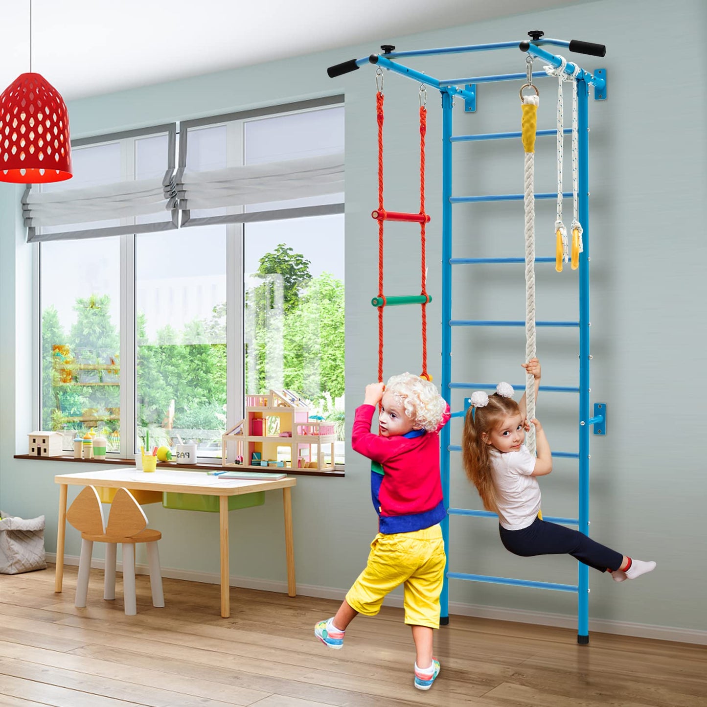 Swedish Ladder Set with Climbing Frame Pull-up Bar Ropes and Rings