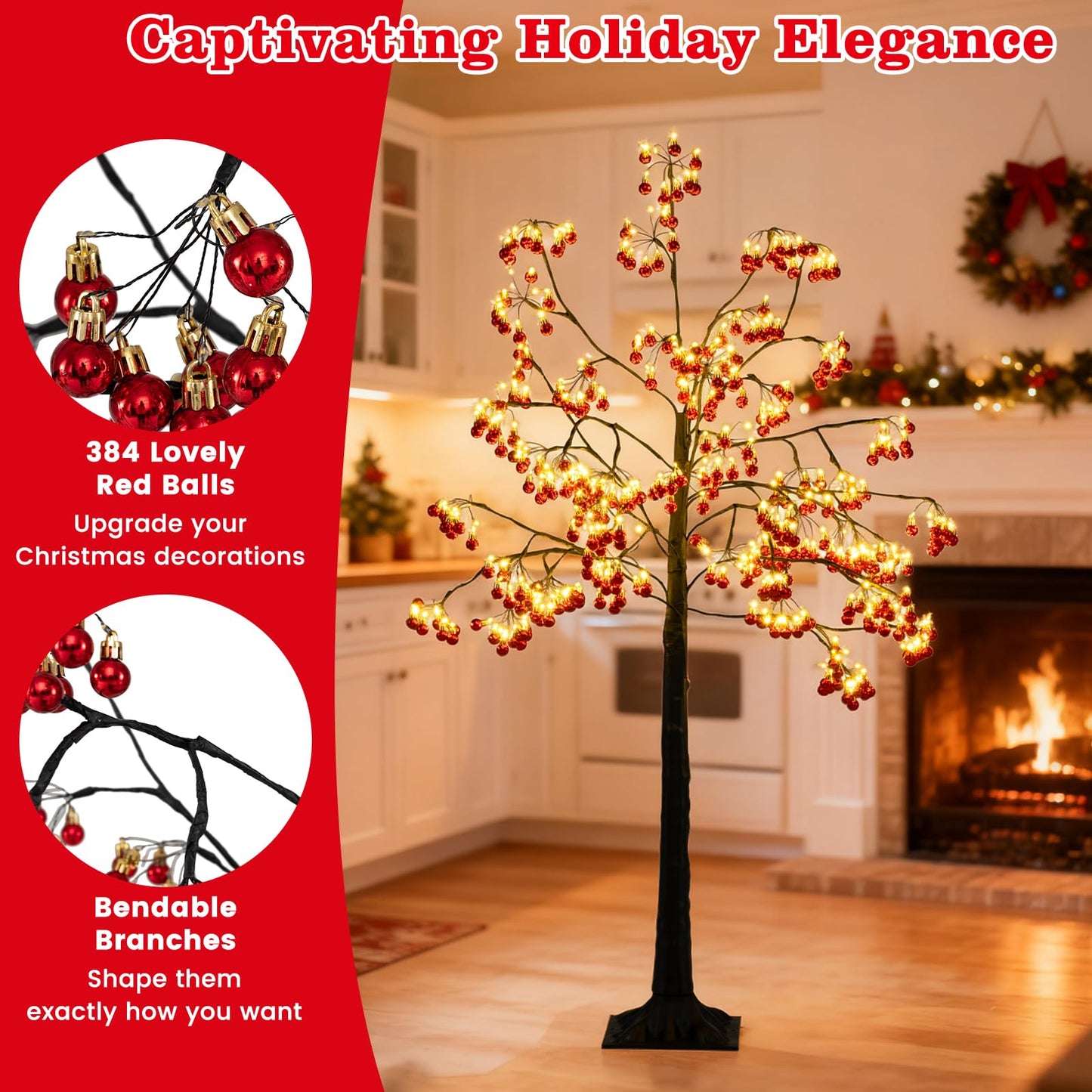 150 CM Christmas Decoration Tree Artificial Tree with Bendable Branches and 384 Red Balls