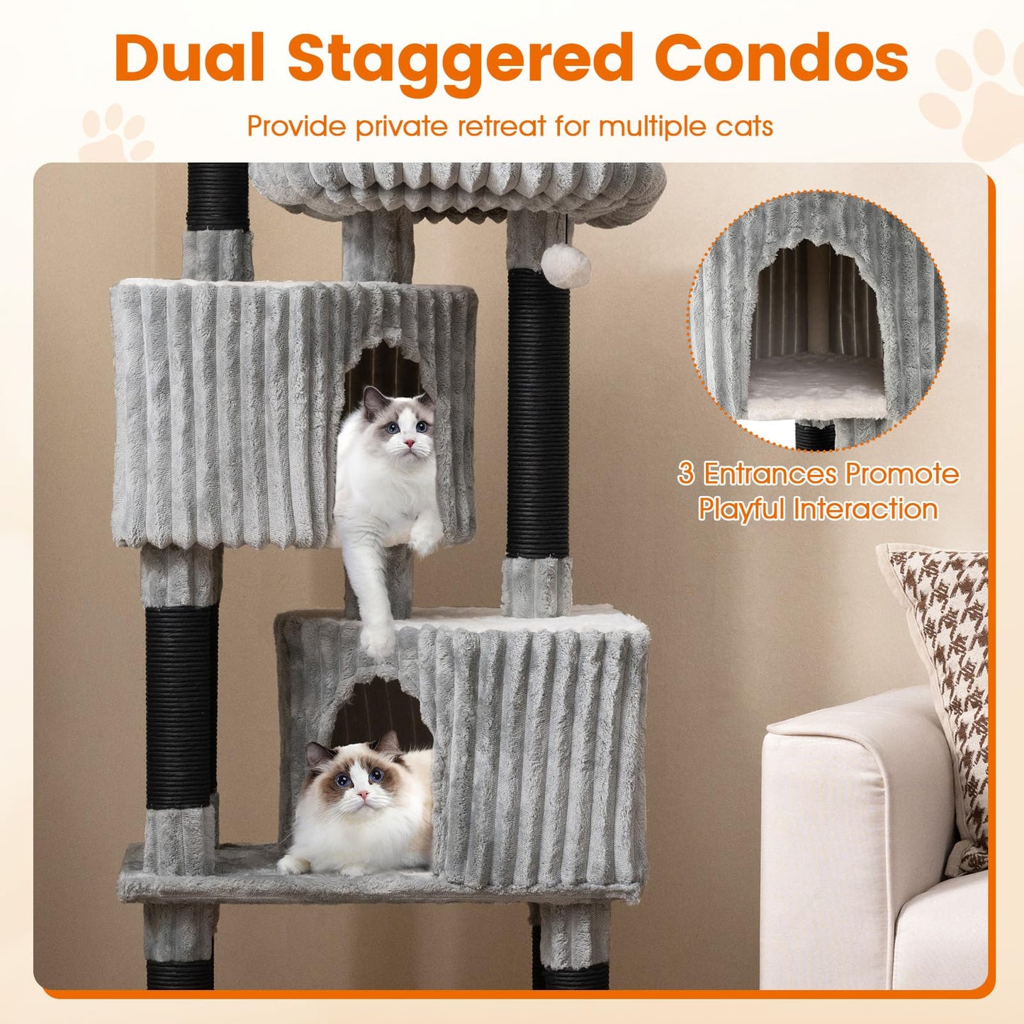 Cat Tree, 156cm Tall Multi-Layer Cats Tower with 2 Perch Beds