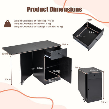 Folding Dining Table for 4-6 with Drawer & Cabinet on Wheel