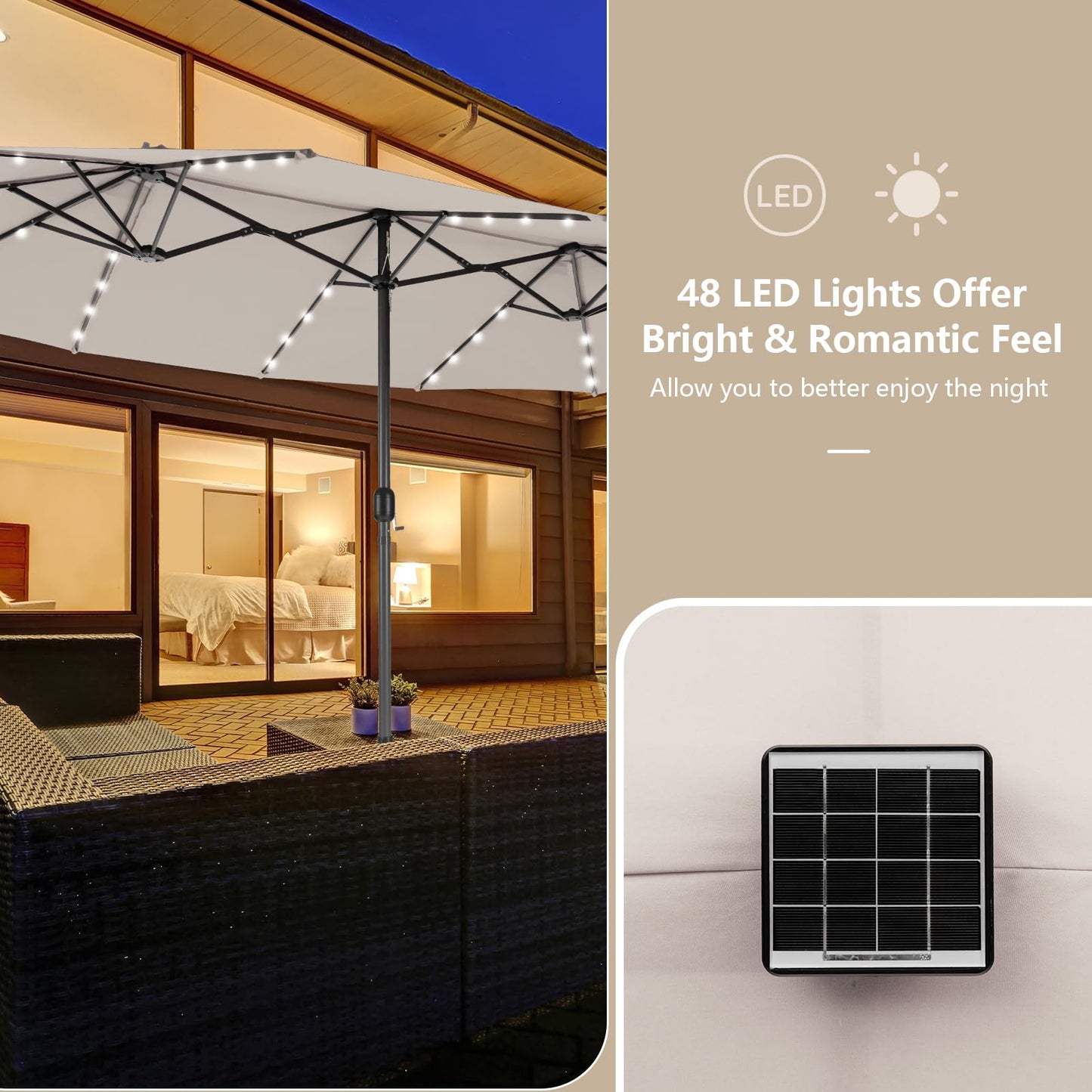 460 cm Twin Patio Umbrella with 48 LED Lights and Auto-Charging Solar Panel
