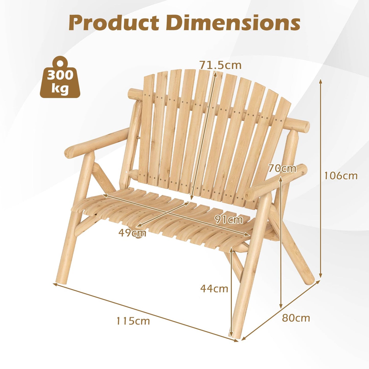 2-PersonLog Wood Patio Bench with Slatted Backrest Built-in Armrest and Curved Seat