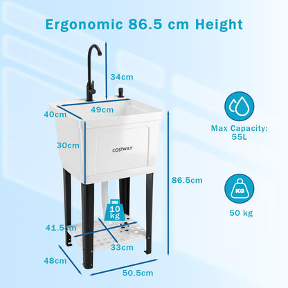 Freestanding Single Bowl Utility Sink, 55L Drain Laundry Tub with Faucet