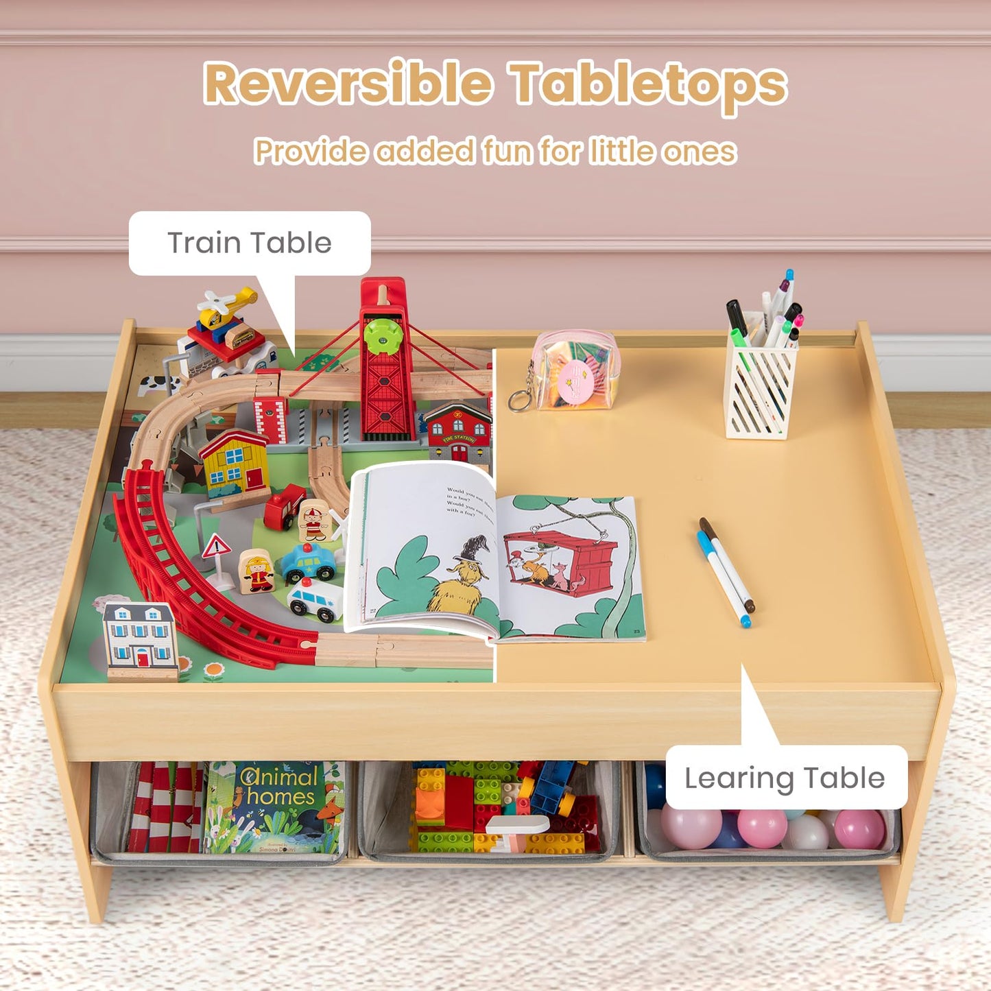 Wooden Train Set Table with 2 Reversible Tabletops and 3 Fabric Drawers
