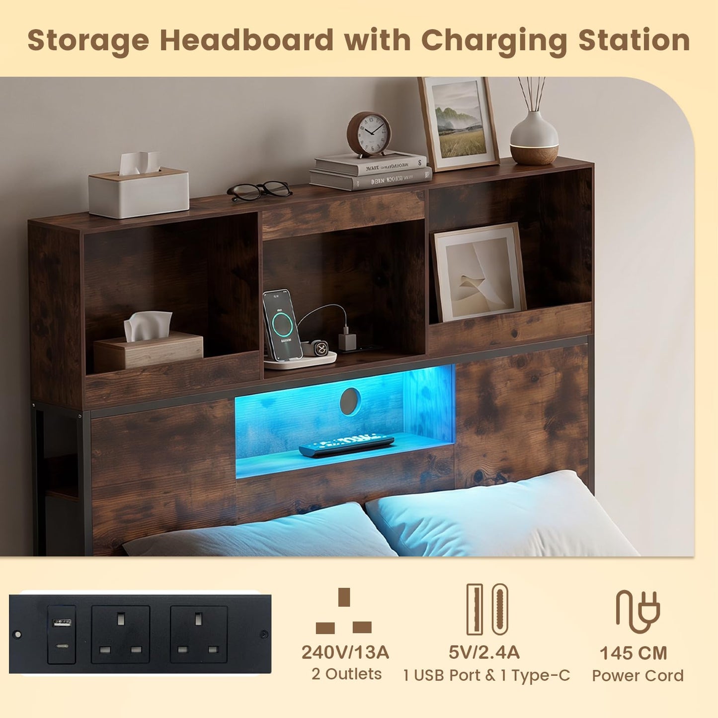 Industrial Metal Platform Bed with LED Lights and Power Outlet