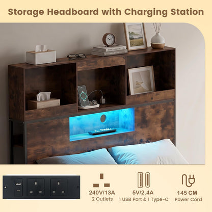 Industrial Metal Platform Bed with LED Lights and Power Outlet