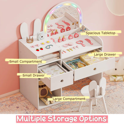 Bunny Kids Vanity Table and Chair Set with Lighted Mirror
