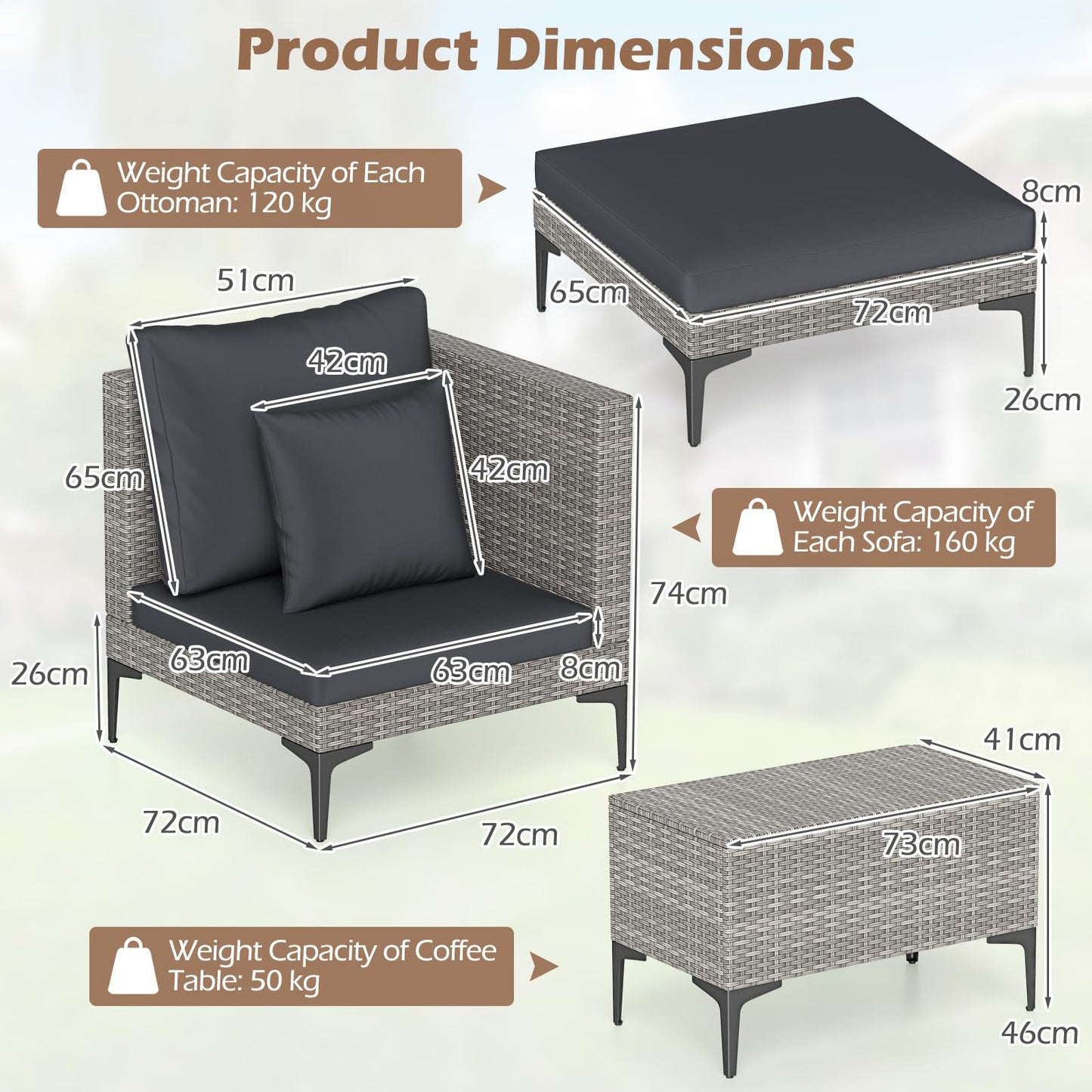 5-Piece Rattan Garden Furniture Set, Patio Conversation Set with 2 Chairs, 2 Ottomans, Coffee Table & Thick Cushions