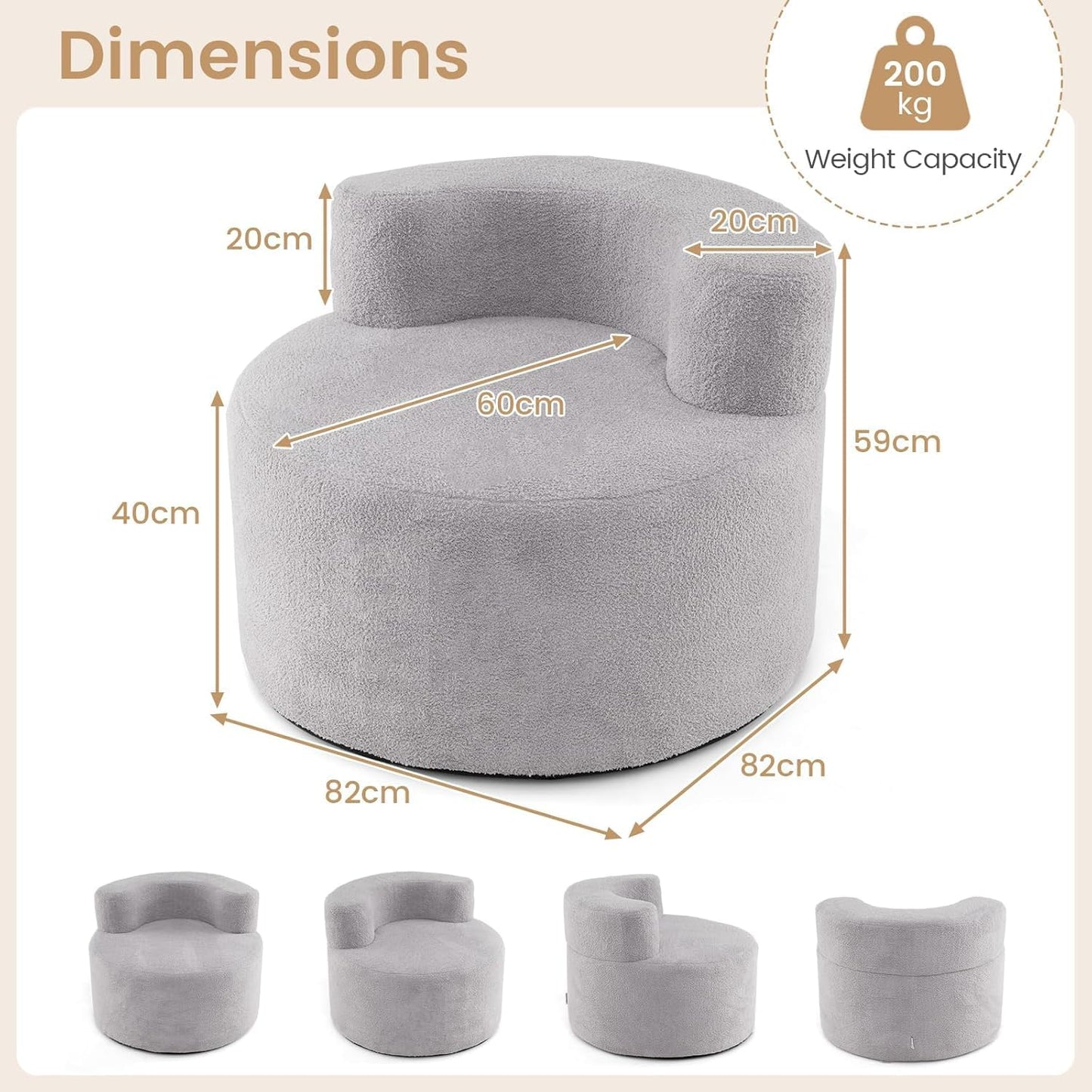 Bean Bag Chair with Soft Teddy Fleece and Curved Backrest