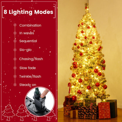 Pre-lit Snow Flocked Christmas Tree, Hinged Artificial Slim Pencil Xmas Tree with Lights