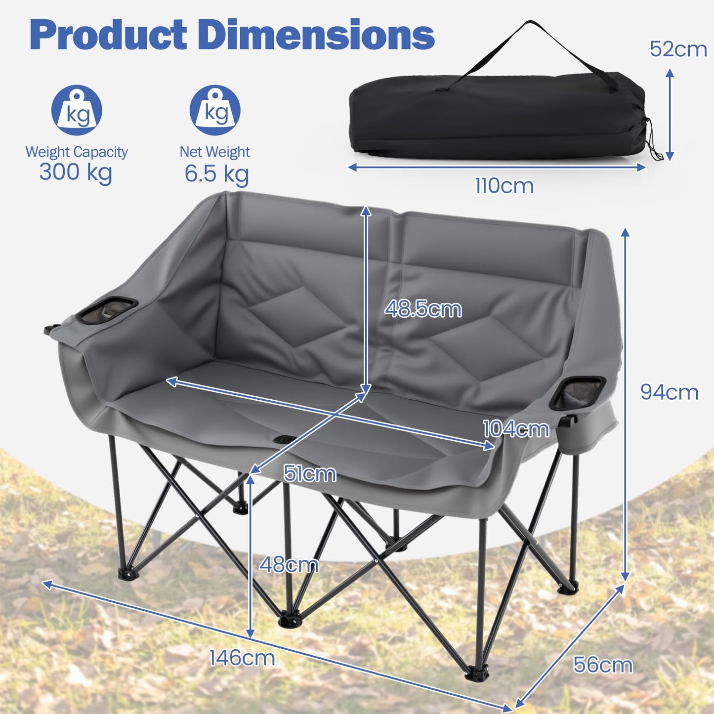 Double Camping Chair with Cup Holders and Glass Racks